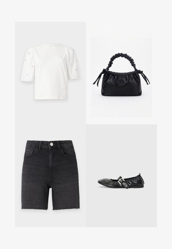 T-shirt en coton blanc à manches courtes bouffantes, avec de petites embellissements en argent le long des manches. Encolure arrondie classique, coupe décontractée.; Shorts en denim noir avec un design ajusté, coupe droite, ourlet effiloché, style à cinq poches et fermeture à bouton métallique à la taille.; Chaussure plate en cuir noir avec un nez pointu, des détails froncés autour de l'ouverture et un accent en boucle argentée sur la bride ajustable.; Sac à main noir avec texture crocodile, bord supérieur froncé, poignée plissée et pompons à cordon de chaque côté sur fond blanc.