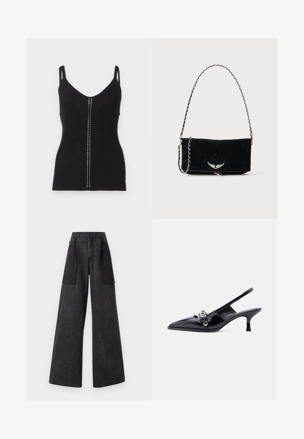 Black rib-knit tank top with a scoop neckline, slender straps, and a vertical row of silver studs along the center seam.; Wide-leg jeans made of dark denim with black fabric panels on the sides, featuring a high waist and visible stitching details.; Black patent leather slingback kitten heel shoe with pointed toe and silver buckle detail on plain white background.; Black rectangular handbag with silver winged emblem on front and silver chain strap against plain background.