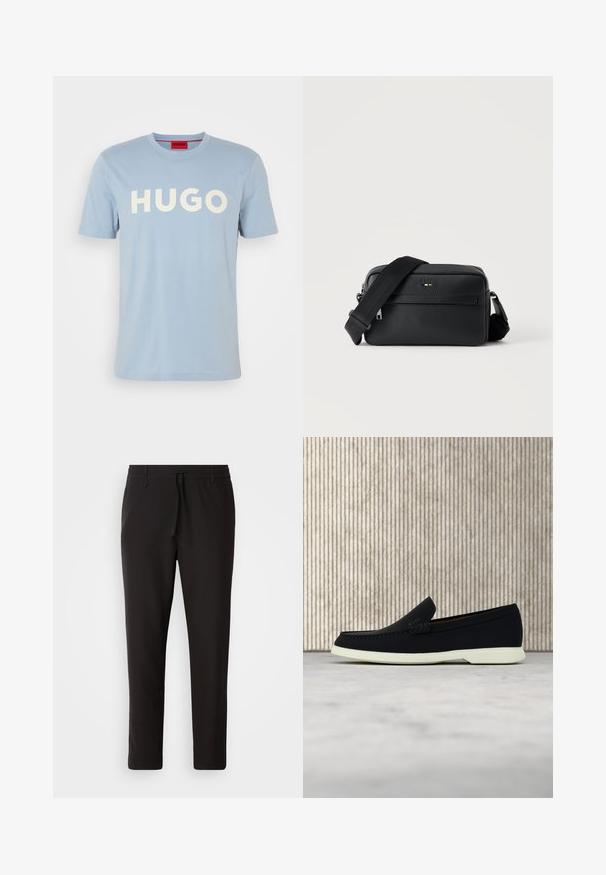 Camiseta de algodón azul claro con mangas cortas y cuello redondo. Presenta el texto "HUGO" en bold blanco en la parte frontal, sin patrones ni acentos adicionales.; Pantalones de chándal negros de tejido suave. Cuentan con una cintura elástica con cordón, piernas ajustadas y sin bolsillos visibles. Diseño sencillo.; Zapato negro sin cordones con puntera redondeada, que presenta una parte superior texturizada, suela blanca lisa y un discreto detalle de marca en el lateral.; Bolso bandolera negro de cuero texturizado con bolsillo frontal con cremallera y correa de hombro ancha de tela ajustable sobre fondo blanco.