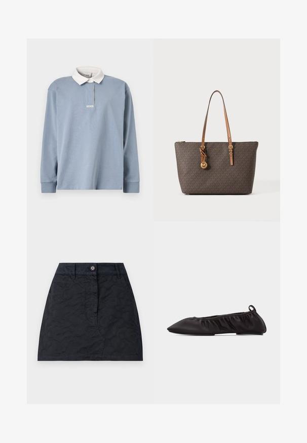 Polo à manches longues bleu clair avec un col blanc contrastant, présentant une patte de boutonnage discrète à l'avant et une petite étiquette au niveau de l'encolure.; Jupe noire à motif texturé, dotée d'une fermeture à boutons sur le devant, de deux poches et d'une coupe ajustée. Fabriquée en tissu durable.; Ballerine plate en cuir noir souple avec bout pointu, côtés élastiqués froncés et languette de tirage au talon sur fond blanc.; Sac cabas Michael Kors marron avec motif monogramme, anses réglables couleur sable, breloque logo dorée et fermeture zippée sur le dessus.