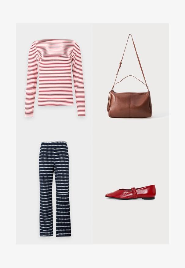 Haut à manches longues rayé rouge et blanc avec un col bateau. Confectionné dans un tissu doux présentant des rayures horizontales régulièrement espacées.; Pantalon en tricot à rayures zigzag bleu marine et blanc avec une coupe droite sur fond neutre.; Chaussure plate rouge avec un bout carré arrondi et une seule sangle étroite sur le milieu du pied sur fond blanc.; Sac à bandoulière en cuir marron avec une texture douce, une forme arrondie, une bandoulière réglable unique et un détail pompon sur le côté.