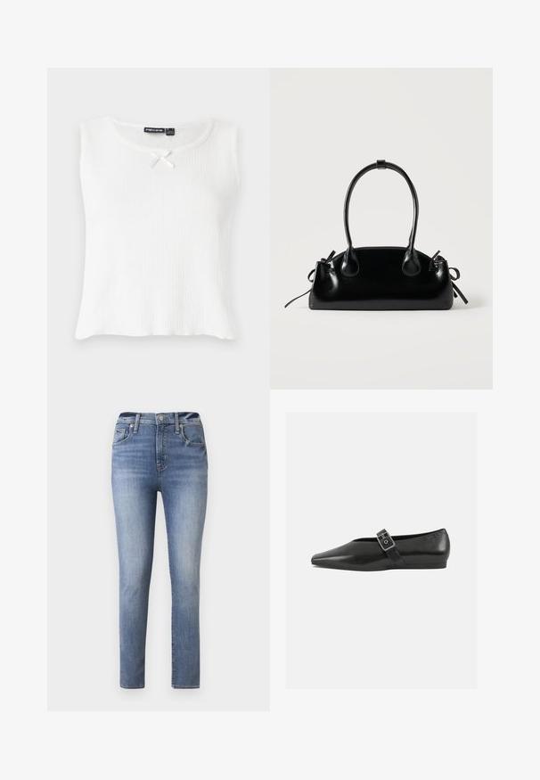 Weißes ärmelloses Oberteil mit geripptem Textur, rundem Halsausschnitt und einem kleinen cremefarbenen Schleifenakzent am Kragen. Einfaches, ungeschmücktes Design.; Helleblaue, hochgeschnittene Jeans mit schmalem Schnitt, ausgestattet mit fünf Taschen und einem Reißverschluss, aus Denim mit glatter Textur.; Schwarze Lederflachschuhe mit spitzem Zehenbereich, ausgestattet mit einem metallischen Riemen über dem Spann und einer niedrigen, flexiblen Sohle.; Kleine schwarze glänzende Handtasche mit zwei langen Griffen und seitlichen Kordelzug-Details vor einfachem hellem Hintergrund.