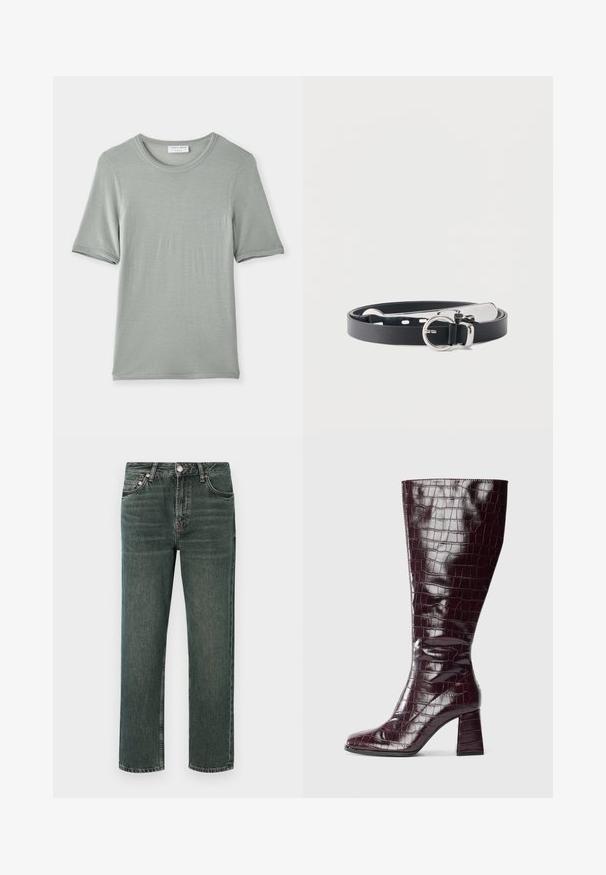 Kortærmet t-shirt med rund hals i lys grå, lavet af blødt stof med en glat tekstur og diskret syninger på ærmerne og halsen.; Mørkegrønne denimjeans med lige skæring, der har et klassisk femlomme-design, synlige sømme og en knaplukning i taljen.; Mørkerød knæhøj støvle med krokodillemønster og blokhælm, vist fra siden på en hvid baggrund.; Sort læderbælte rullet sammen med en sølvfarvet rund spænde og matchende sølvfarvet bæltetip på en hvid baggrund.
