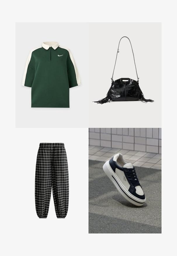 Mørkegrøn kortærmet polo med hvid krave og hvid stribe langs skuldrene, med et lille hvidt Nike-logo på brystet.; Sorte løstsiddende bukser med hvidt ternet mønster, elastisk talje og elastiske manchetter ved anklerne.; Hvide og marineblå lædersneakers med perforeret tå, snørebånd og en struktureret gummisål, som har branding på siden.; Sort skinnende læderhåndtaske med lang tynd skulderrem og frynser på begge sider på en lys baggrund.