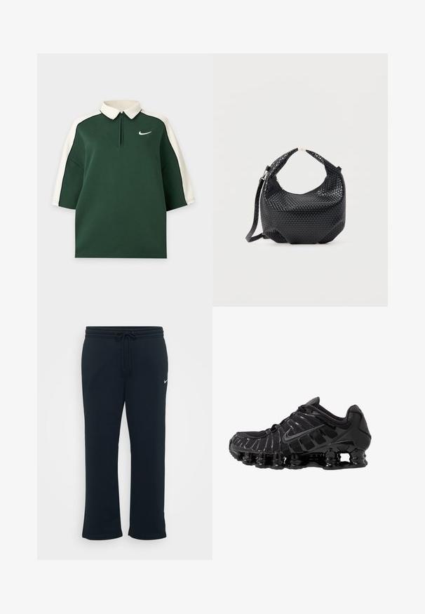 Tmavozelené polo tričko s krátkym rukávom, bielym golierom a bielym pruhom cez plecia, s malým bielym logom Nike na hrudi.; Čierne tepláky s elastickým pásom a nastaviteľnou šnúrkou. Obsahujú malé biele logo Nike na ľavej strane. Mäkká textúra látky.; Čierna športová obuv s vrchnou časťou z sieťoviny a lesklými detailmi. Obsahuje zakrivené odpruženie a textúrované línie po stranách. Viditeľné logo Nike.; Čierna tkaná kožená kabelka s krátkym uchom a odnímateľným ramenným popruhom, zobrazená na jednoduchom svetlom pozadí.