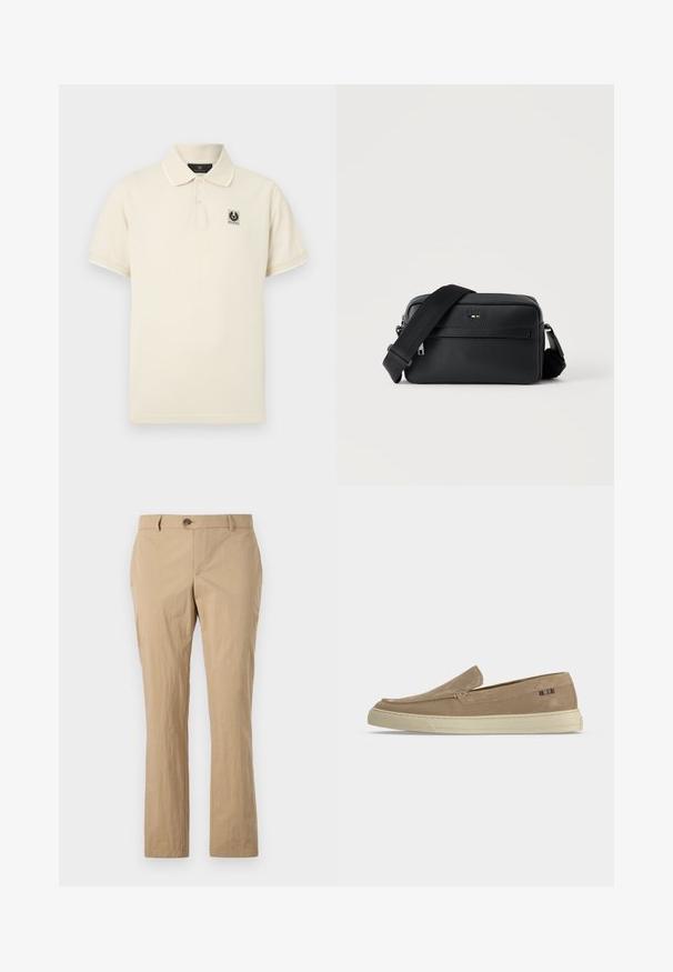 Hellbeiges Poloshirt aus Baumwolle, mit einer dreiknöpfigen Knopfleiste und einem kleinen Logopatch auf der linken Brust. Kurzärmlig.; Beige Baumwollhosen mit geradem Bein, ausgestattet mit einem Knopfverschluss, Gürtelschlaufen und einer glatten Textur. Keine sichtbaren Muster.; Beiger Veloursleder-Slipper mit weißer Gummisohle und kleinem mehrfarbigem Stoffetikett an der Fersenseite.; Schwarze, strukturierte Leder-Crossbody-Tasche mit vorderer Reißverschlusstasche und verstellbarem breitem Stoff-Schulterriemen auf weißem Hintergrund.