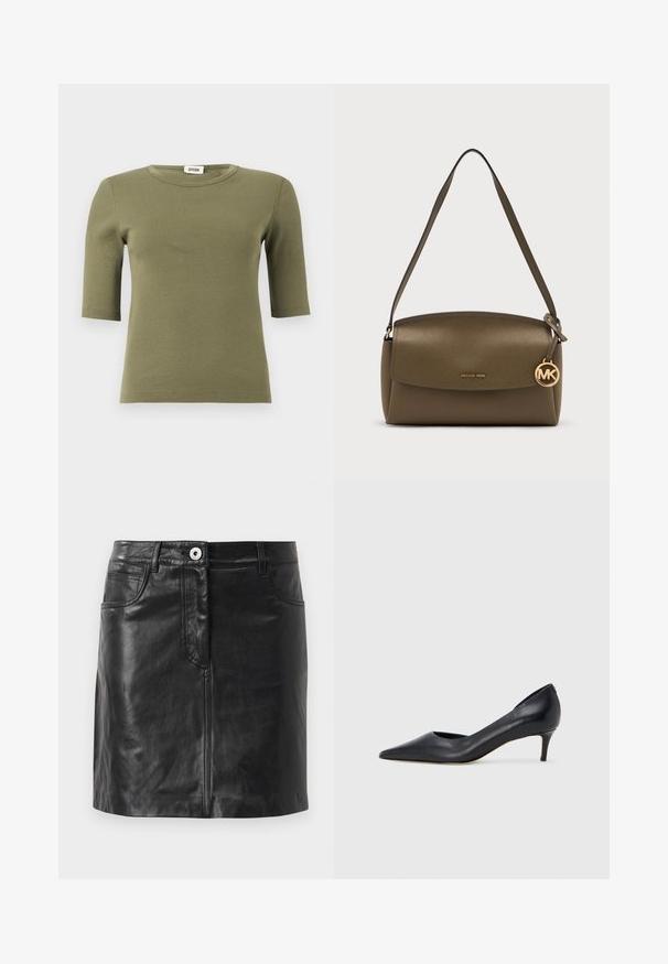 Ribbet olivengrøn kortærmet top med rund hals og ærmer i mellemlang længde fra Drykorn, vist på hvid baggrund.; Weekend Max Mara HULL - Pencil skirt - nero; Sort læderpumpe med spids tå og lav hæl. Har en glat tekstur og subtil glans. Åben udskæring foran for ekstra detalje.; Skuldertaske i olivengrønt læder med klaplukning og gyldent Michael Kors-logo vedhæng hængende på stroppen.