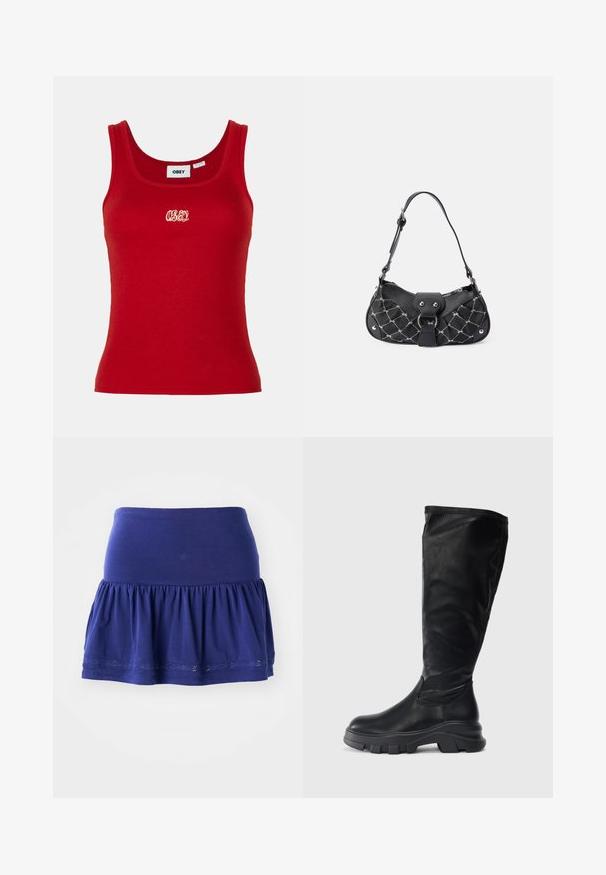 Rode geribbelde tanktop met een ronde halslijn en brede schouderbanden, met een geborduurd "OBEY" logo in het wit in het midden vooraan.; Navyblauwe tricotrok met een geraffineerde onderkant, een elastische tailleband en decoratieve geborduurde rand langs de zoom. Zacht, lichtgewicht materiaal.; Zwarte kniehoge laarzen van soepel leer, met een stevige rubberen zool met een gestructureerde grip en een gestroomlijnd ontwerp.; Zwarte handtas met een gekruist textuur, voorzien van zilveren hardware, een gebogen vorm en een enkele verstelbare hengsel. Ritssluiting aan de bovenkant.