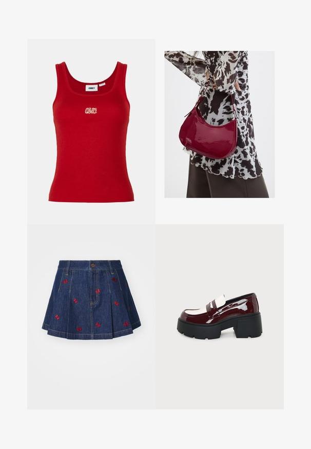 Débardeur rouge à côtes avec un col rond et des bretelles larges, arborant un logo "OBEY" brodé en blanc au centre devant.; Jupe en denim avec plis et teinture foncée, ornée de détails de papillons rouges brodés et d'un design classique à cinq poches avec une fermeture par bouton à l'avant.; Mocassin à plateforme épaisse en cuir verni bordeaux, avec des accents blancs et une semelle noire épaisse à crampons sur fond gris clair.; Femme portant un chemisier à motif noir et blanc tenant un sac à main rouge brillant sur un fond uni.