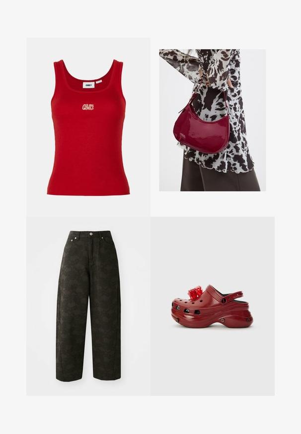 Rød ribbet tanktop med rund udskæring og brede stropper, med et broderet "OBEY" logo i hvidt på forsiden i midten.; Mørkegrønne vide bukser har et tekstureret blomsterdesign, fem lommer og metalknaplukninger i taljen.; Rød plastikklip med ventilationshuller, hævet hæl og en blomsterdekoration ovenpå. Har en bagrem og teksturerede sider.; Kvinde iført en sort- og hvidmønstret bluse, der holder en blank rød skuldertaske mod en ensfarvet baggrund.
