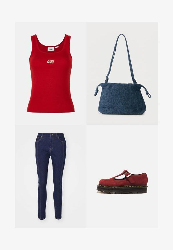 Punane sooniline tank top ümarate kaeluste ja laialdaste nööpidega, millel on keskel valge tikandiga "OBEY" logo.; Tumed sinised teksad sale lõikega, klassikalise viie taskuga disainiga ja kontrastsete oranžide õmblustega. Pole silmapaistvaid mustreid ega aktsente.; Punane seemisnahast Mary Jane king paksu musta tallaga, kollaste õmblustega ja hõbedase pandlaga rihmaga valgel taustal.; Tumesinis teksariidest õlakott sõlmitud rihmaotstega ja lihtsa ristkülikukujulise vormiga valgel taustal.