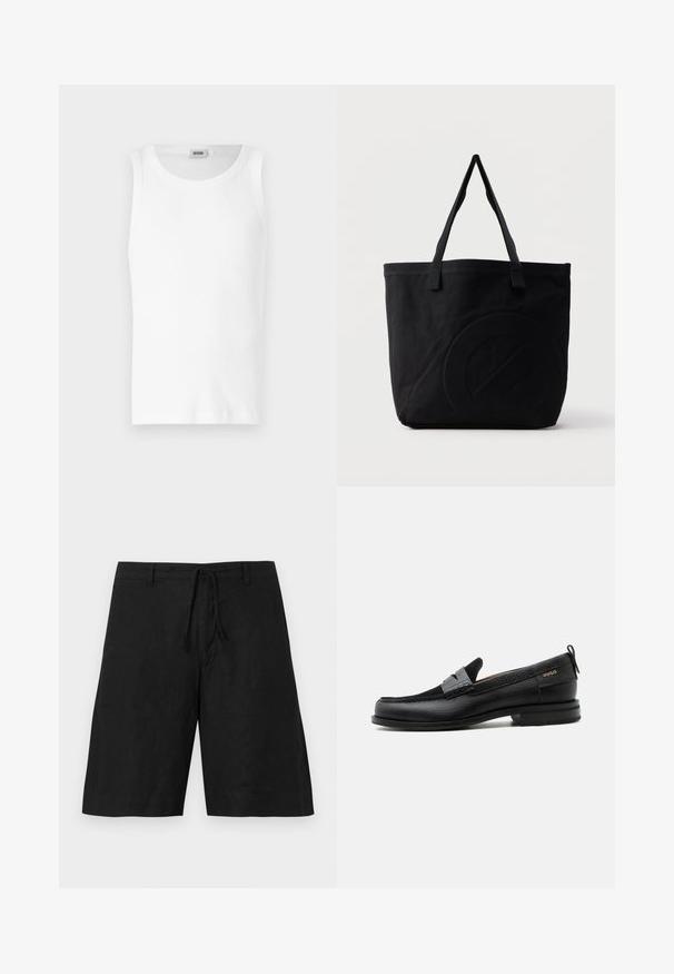 Débardeur en coton blanc sans manches avec un col rond et une texture lisse. Design simple, sans motifs ni accents.; Shorts en lin noir avec une coupe décontractée, taille à cordon de serrage et sans motifs visibles. Le tissu semble léger avec une finition légèrement texturée.; Mocassin en cuir noir avec détail de bride grise, talon bas et semelle texturée, marqué "HUGO" en or sur le côté.; Sac fourre-tout en toile noire avec deux bandoulières et un motif circulaire discret en relief sur le devant.