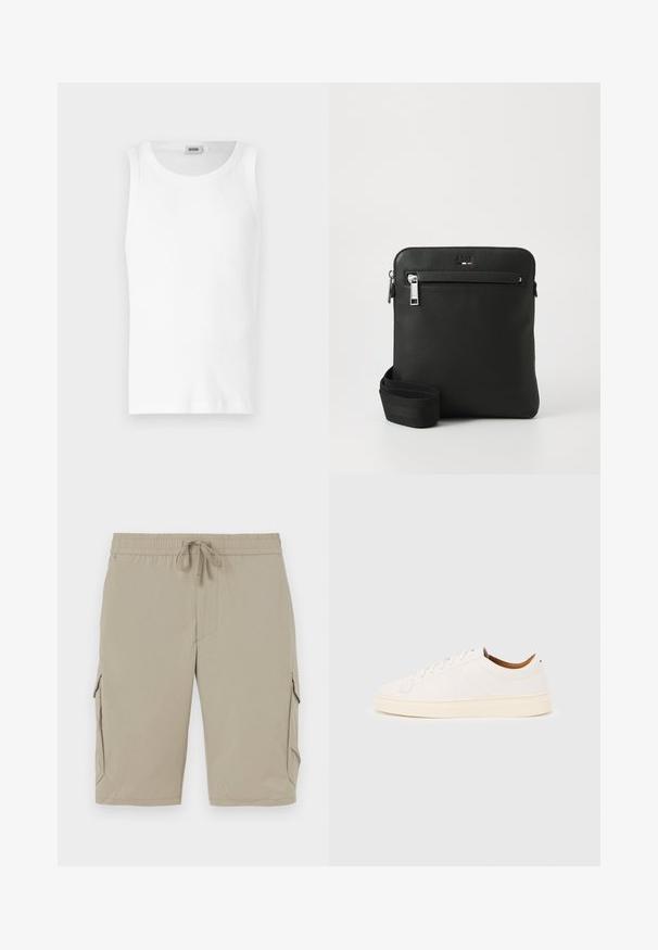 Camiseta sin mangas de algodón blanco con cuello redondo y una textura suave. Diseño sencillo, sin patrones ni acentos.; Pantalones cortos cargo beige con cinturilla elástica y cordón. Cuentan con bolsillos laterales y una tela suave y ligera.; Zapatilla blanca de corte bajo con diseño de cordones, detalles mínimos de costuras y suela color crema sobre un fondo gris claro.; Bolso bandolera de cuero negro con diseño plano, superficie texturizada, cierre con cremallera, bolsillo frontal y una correa de tela ajustable.