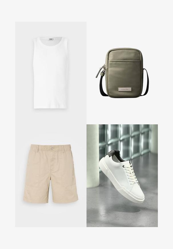 Camiseta sin mangas de algodón blanco con cuello redondo y una textura suave. Diseño sencillo, sin patrones ni acentos.; Pantalones cortos de algodón beige con cintura elástica, botón delantero y dos bolsillos laterales. Presenta costuras sutiles y un pequeño logotipo en el lateral.; Zapatilla blanca de perfil bajo con lengüeta del talón texturizada en negro, cordones blancos y suela gruesa sobre un suelo de cemento pulido cerca de bloques de vidrio.; Bolso bandolera compacto verde oliva con bolsillo frontal, correa negra ajustable, cierre de cremallera y placa con el logo de Calvin Klein.