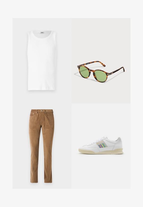 Weißes Baumwoll-Tanktop ohne Ärmel mit Rundhalsausschnitt und glatter Textur. Einfaches Design, ohne Muster oder Akzente.; Braune Cordhosen mit taillierter Passform, ausgestattet mit fünf Taschen, einem Knopfverschluss und genähten Details entlang der Nähte.; Weißes Ledersneaker mit einer cremefarbenen Sohle, mehrfarbigen Streifenakzenten an der Seite und "PS Paul Smith"-Branding in Gold.; Runde Schildpatt-Sonnenbrille mit grünen Gläsern und dünnen Bügeln, mit Tom Ford auf Linse und Rahmen.