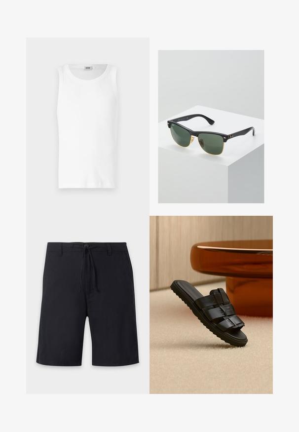 Hvid bomulds tanktop uden ærmer med rund halsudskæring og en glat tekstur. Enkel design, ingen mønstre eller accenter.; Sorte knælange shorts med bæltestropper, knaplukning og justerbar snøretræk i taljen.; Sort læder slid-sandal med brede remme og riller i sålen på beige tæppe nær brunt rundt sofabord.; Ray-Ban solbriller med grønne linser, sorte plastikstel og gyldne detaljer ved kanterne. Firkantet form med mat finish.