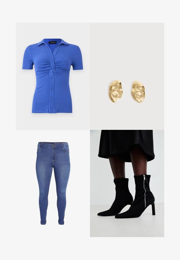 Blaues, kurzärmeliges, geripptes Hemd mit Knopfleiste, gerafftem Detail am Busen und einem umgeschlagenen Kragen, Marke Anna Field.; Blaue Skinny-Jeans mit Vorder- taschen, Gürtelschlaufen, Knopfverschluss und leichter Verblassung an Oberschenkeln und Knien.; Schwarze Ankle-Boots mit einem dehnbaren Stoff-Oberteil, spitzem Zehenbereich und seitlichem Reißverschluss, auf einem schlanken, hohen Absatz.; Paar glänzende, unregelmäßig geformte Ohrstecker aus Goldmetall mit zerknitterter, glatter Oberfläche auf schlichtem hellem Hintergrund.
