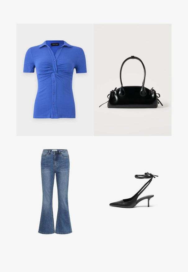 Blå ribstrikket kortærmet skjorte med knapper, med rynket detalje ved brystet og en foldet krave, mærket Anna Field.; Blå denim jeans med høj talje, frontlukning med knap og lynlås, og let udvidede ben.; Sorte læder stiletto sko med spids tå, åben bag, og ankelstropper bundet i en sløjfe. Slank 3-tommers hæl. Glat overflade, minimalistisk design.; Lille sort blank håndtaske med to lange håndtag og snøre-detaljer i siden på en ensfarvet lys baggrund.