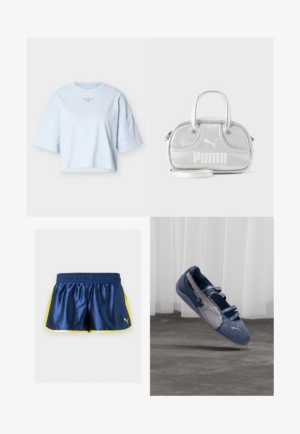 Ανοιχτό μπλε κοντομάνικο crop top με κοντά μανίκια και λογότυπο «HYROX» με σύμβολο Puma στο κέντρο κοντά στη γραμμή του λαιμού.; Μπλε σκούρο αθλητικό σορτς με κίτρινες πλαϊνές λωρίδες και επένδυση, ελαστική μέση και μικρό κίτρινο λογότυπο Puma στο κάτω δεξί μέρος.; Μπλε και γκρι επίπεδο παπούτσι Puma με τρεις ελαστικές λουρίδες, υφασμένο πλαϊνό πάνελ και λευκό λογότυπο Puma, αιωρούμενο πάνω από τσιμεντένιο πάτωμα.; Μικρή μεταλλική ασημί τσάντα Puma με δύο χειρολαβές, μακρύ λουρί, λογότυπο μπροστά και κλείσιμο με φερμουάρ σε απλό ανοιχτόχρωμο φόντο.