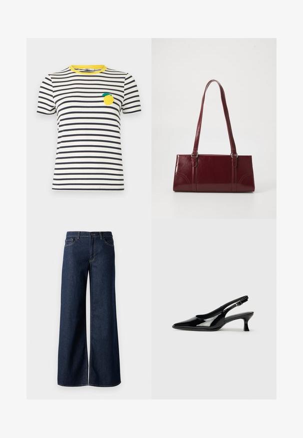 Hvid og sort, vandret striped kortærmet t-shirt med gul halsudskæring og citronmærke på venstre bryst.; Bredde ben jeans i mørkeblå denim. Har kontrastsyninger, fem lommer og en knaplukning i taljen. Glat tekstur.; Sorte patenterede slingback-sko med spidse tæer og lav blokhæl. Justerbar spænde-rem ved anklen.; Bordeaux håndtaske lavet af glansfuldt materiale, rektangulær form, med to skulderremme og subtile buede detaljer på forsiden.