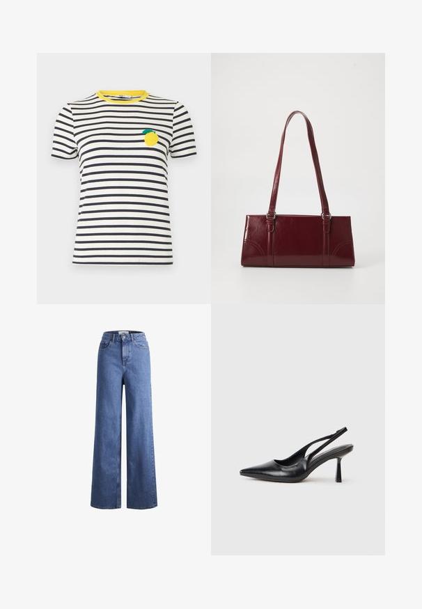 Weißes und schwarzes kurzärmeliges T-Shirt mit horizontalen Streifen, gelbem Ausschnitt und Zitronen-Patch auf der linken Brust.; Helleblaue Denim-Weite-Leg-Jeans mit hoher Taille, zwei vorderen Taschen und sichtbarer Naht. Mit Knopf- und Reißverschluss.; Schwarzer Leder Slingback High Heel Schuh mit spitzer Zehenpartie und schmalem Absatz auf einem weißen Hintergrund.; Burgunderfarbene Handtasche aus glänzendem Material, rechteckige Form, mit zwei Schulterriemen und subtilen, geschwungenen Akzenten an der Vorderseite.