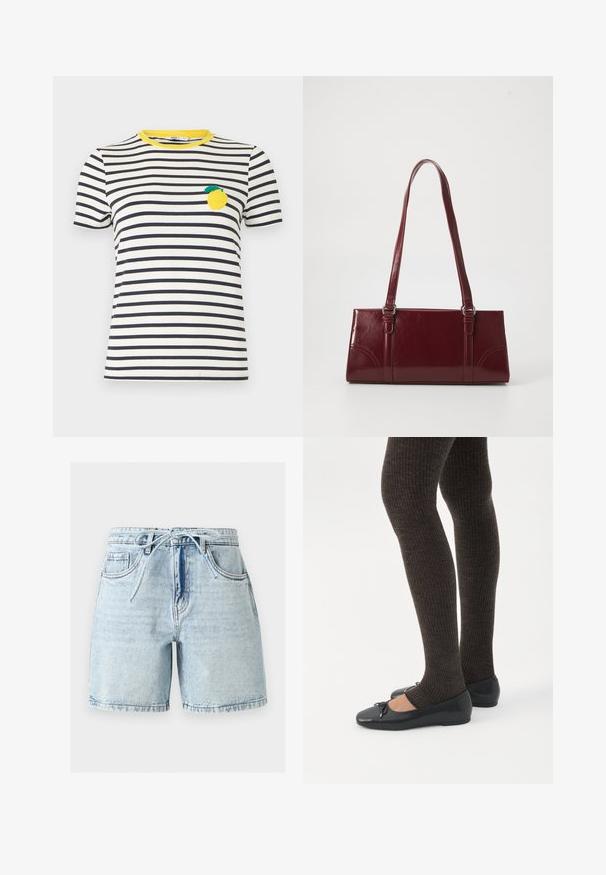 T-shirt à manches courtes à rayures horizontales blanches et noires avec un col jaune et un écusson en forme de citron sur le côté gauche de la poitrine.; Short en jean bleu clair avec une ceinture à nouer devant, des poches latérales et une poche monnaie, et une coupe taille haute sur fond uni.; Jambes portant des leggings côtelés foncés associés à des ballerines noires avec de petits détails en nœud sur fond blanc.; Sac à main bordeaux en matériau brillant, de forme rectangulaire, avec deux anses et des accents légèrement courbés à l'avant.