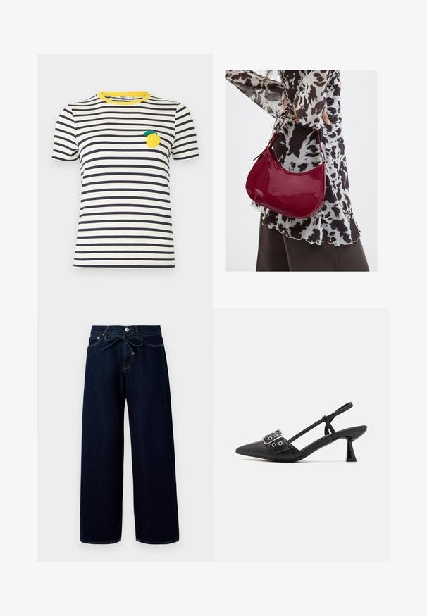 Wit-zwart horizontaal gestreept T-shirt met korte mouwen, gele halslijn en een citroenpatch op de linkerborst.; Donkerblauwe wijde jeans van denim, met een sluiting met knoppen aan de voorkant en een trekkoord in de taille, versierd met contrasterende stikdetails.; Simmi London DALA - Klassieke pumps - black; Vrouw met een zwart-wit gebloemde blouse houdt een glanzende rode schoudertas vast tegen een effen achtergrond.