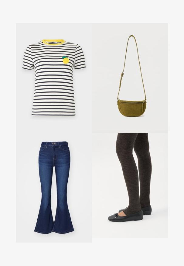 Weißes und schwarzes kurzärmeliges T-Shirt mit horizontalen Streifen, gelbem Ausschnitt und Zitronen-Patch auf der linken Brust.; Dunkelblaue Schlagjeans aus Denim mit hoher Taille, fünf Taschen und Knopfverschluss, leicht ausgebleicht an den Oberschenkeln.; Beine in dunklen, gerippten Leggings kombiniert mit schwarzen Ballerinas mit kleinen Schleifendetails auf weißem Hintergrund.; Olivgrüne Wildleder-Umhängetasche mit verstellbarem Riemen und Reißverschlusstasche vorne vor einfachem weißem Hintergrund.