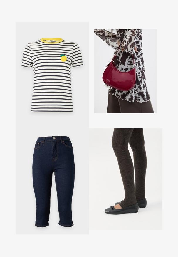T-shirt à manches courtes à rayures horizontales blanches et noires avec un col jaune et un écusson en forme de citron sur le côté gauche de la poitrine.; Jean skinny court en denim bleu foncé avec fermeture frontale par boutons et surpiqûres orange, présenté sur fond blanc.; Jambes portant des leggings côtelés foncés associés à des ballerines noires avec de petits détails en nœud sur fond blanc.; Femme portant un chemisier à motif noir et blanc tenant un sac à main rouge brillant sur un fond uni.