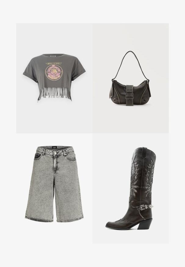 Grå cropped t-shirt med korte ærmer, der har et løvegrafik og teksten "RACE TO WIN", afsluttet med en frynset kant. Blødt bomuldsdesign.; Denimshorts i falmet sort med løs pasform, der har høj talje, fem-lomme design og synlige syninger.; Sort læder cowboystøvle med dekorative udskæringer, sølvspænde og skrå hæl, vist på hvid baggrund.; Sort læder skuldertaske med spænde på remmen, afrundede kanter og kontrasterende hvide syninger på en ensfarvet baggrund.