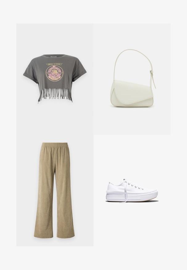 T-shirt gris court à manches courtes, avec un graphisme de lion et le texte "COURIR POUR GAGNER", terminé par un ourlet à franges. Matériau en coton doux.; Pantalons larges en velours côtelé beige avec une taille élastique, présentant une texture à côtes verticales et une coupe loose. Idéaux pour un look décontracté.; Baskets basses blanches en toile avec semelle plateforme épaisse, lacets sur le devant et embout en caoutchouc texturé, vues de profil.; Sac à main en cuir synthétique blanc avec une forme triangulaire structurée, une bandoulière unique réglable et un rabat à courbes accentuées.