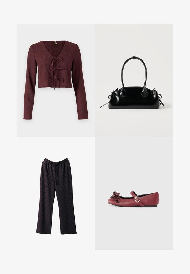 Top court à manches longues bordeaux en tissu texturé avec un décolleté en V profond et un détail à nouer à l'avant. Présente une coupe ajustée.; Pantalons larges violets foncés en tissu texturé, dotés d'une taille élastique et d'une fermeture à cordon pour un ajustement réglable.; Ballerines en cuir bordeaux avec un bout rond, une bride de cheville et un détail de frange décoratif à l'avant. Semelle plate et design simple.; Petit sac à main noir brillant avec deux longues anses et des détails à cordon sur les côtés sur un fond clair uni.
