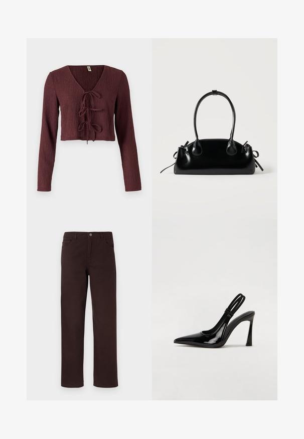 Bordeaux, langekleurige cropped top van gestructureerde stof met een diepe V-hals en strikdetail aan de voorkant. Heeft een slim fit ontwerp.; Bruine katoenen broek met een recht gesneden ontwerp, twee voorkawarkan en een knoopsluiting bij de taille. Gladde textuur zonder zichtbare patronen.; Zwarte gepatineerde leren slingback pump met puntige neus, slanke hoge hak en dubbele elastische band voor een veilige pasvorm. Gladde, glanzende oppervlakte.; Kleine zwarte glanzende handtas met twee lange hengsels en zijkant trekkoord details op een effen lichte achtergrond.