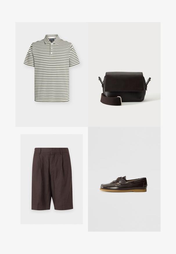 Polo à manches courtes avec rayures horizontales vertes et blanches et trois boutons au col, étiquette de marque visible à l'intérieur du col.; Shorts sur mesure marron foncé longueur genou avec passants de ceinture et plis devant, présentés sur un fond clair uni.; Hereu SALER NAUTIC - Chaussures bateau - dark brown; Sac bandoulière en cuir marron foncé avec fermeture à rabat et sangle en tissu réglable sur fond blanc.