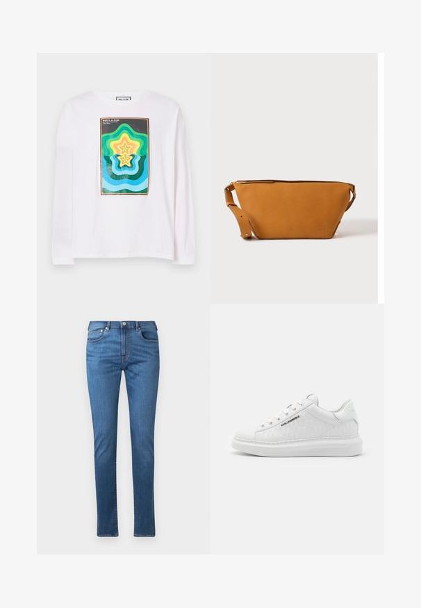 T-shirt à manches longues blanc avec un imprimé géométrique coloré comprenant des formes d'étoiles superposées en vert, jaune et bleu, encadrées par une bordure sombre.; Jean en denim bleu avec une coupe droite, cinq poches et une fermeture à bouton. Le tissu a une texture lisse et des détails de décoloration subtils.; Baskets blanches en cuir lisse avec motif gaufré. Présentent un bout rond, un laçage à l'avant et une semelle texturée. Détail du logo argenté sur le côté.; Sac bandoulière en cuir marron clair avec sangle réglable et fermeture éclair, présenté sur un fond clair uni.