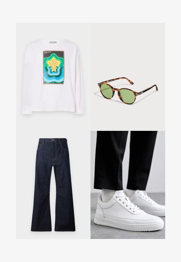 Hvid langærmet t-shirt med et farverigt geometrisk print bestående af lagdelte stjernetyper i grøn, gul og blå, indrammet af en mørk kant.; Mørkeblå denim flared jeans med gul syning, fem lommer og lynlåsgylf. Har vandrette sømme over knæene.; Hvide lædersneakers med en flad gummisål, der har en glat overflade, rund tå og metaløjer til snørebånd. Bæret med sorte bukser.; Runde solbriller med skildpaddemønster, grønne linser og tynde arme, med mærket Tom Ford på linsen og stellet.
