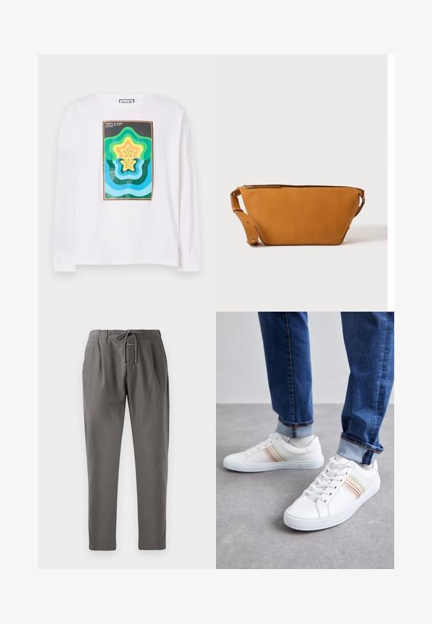 Λευκό μακρυμάνικο t-shirt με πολύχρωμο γεωμετρικό σχέδιο που απεικονίζει επάλληλα σχήματα αστεριών σε πράσινο, κίτρινο και μπλε, περιτριγυρισμένο από σκούρα περίγραμμα.; Γκρι βαμβακερό παντελόνι με ελαστική μέση και κορδόνι προσαρμογής. Διαθέτει πλαϊνές τσέπες και άνετη εφαρμογή, με στενέματα στους αστραγάλους.; Λευκά δερμάτινα sneakers με πολύχρωμες ρίγες, σχέδιο με κορδόνια, καουτσούκ σόλα και επενδυμένος γιακάς, συνδυασμένα με μπλε τζιν παντελόνι.; Ελαφρώς καφέ δερμάτινη τσάντα χιαστί με ρυθμιζόμενο λουράκι και κλείσιμο με φερμουάρ, εμφανίζεται σε απλό ανοιχτόχρωμο φόντο.
