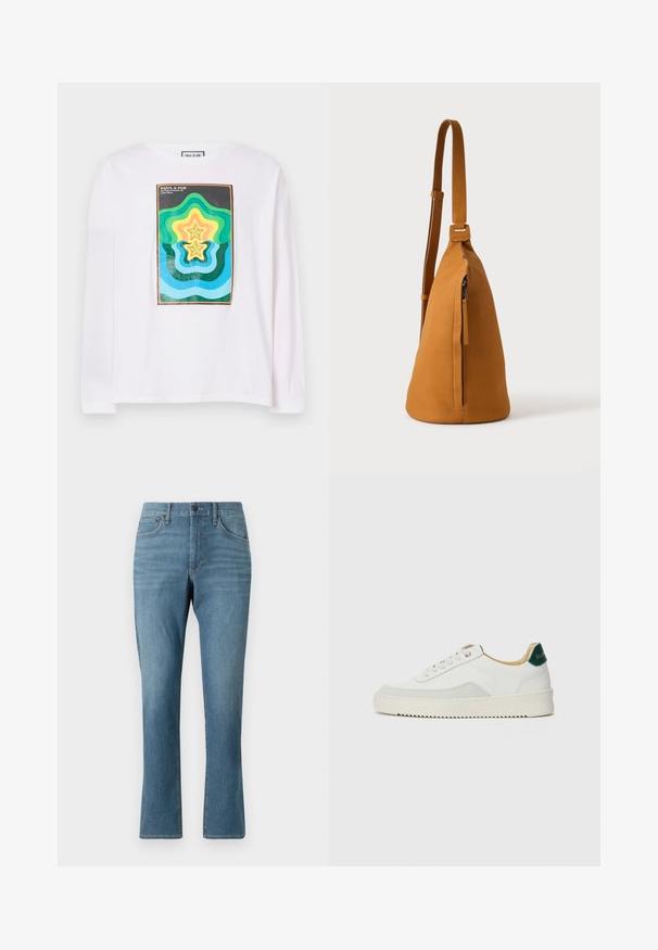 T-shirt à manches longues blanc avec un imprimé géométrique coloré comprenant des formes d'étoiles superposées en vert, jaune et bleu, encadrées par une bordure sombre.; Jean en denim bleu clair avec une coupe droite, comprenant des poches avant et arrière, une fermeture éclair, et un léger délavage dans le tissu.; Baskets blanches avec des accents en daim, bout arrondi, lacets plats et semelle en caoutchouc crème. Présente une marque verte sur le talon.; Sac besace en cuir couleur fauve avec sangle réglable et poche verticale zippée, présenté de profil sur un fond clair uni.