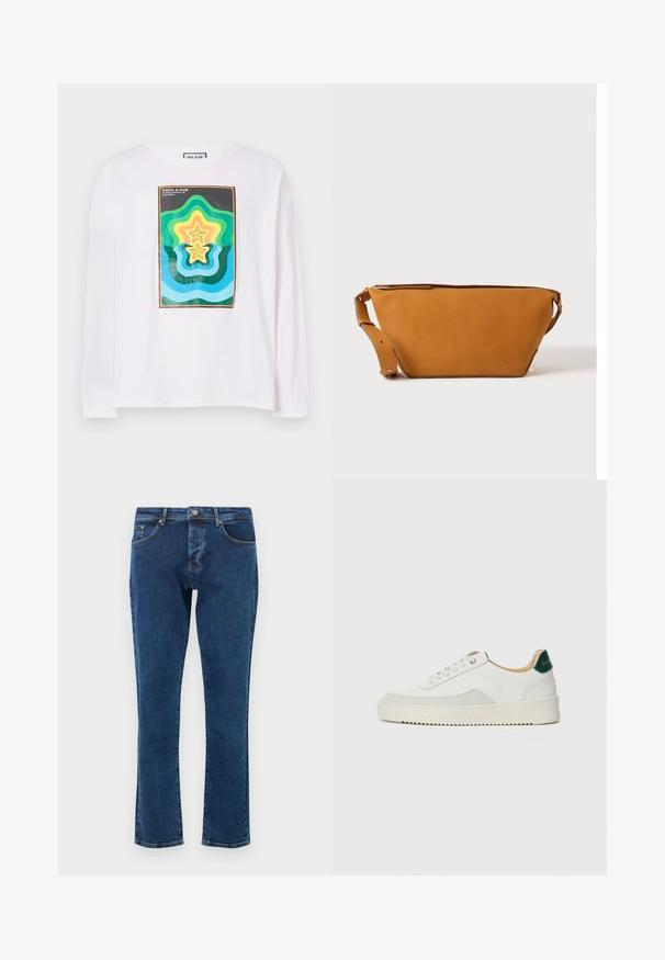 Λευκό μακρυμάνικο t-shirt με πολύχρωμο γεωμετρικό σχέδιο που απεικονίζει επάλληλα σχήματα αστεριών σε πράσινο, κίτρινο και μπλε, περιτριγυρισμένο από σκούρα περίγραμμα.; Σκούρο μπλε τζιν με ίσια γραμμή στα πόδια, πέντε τσέπες και μεταλλικό κουμπί στη μέση. Ομαλή υφή με ελάχιστο ξεθώριασμα.; Λευκά sneakers με σουέτ λεπτομέρειες, στρογγυλή μύτη, επίπεδα κορδόνια και κρέμα από καουτσούκ σόλα. Διαθέτει πράσινη επωνυμία στη φτέρνα.; Ελαφρώς καφέ δερμάτινη τσάντα χιαστί με ρυθμιζόμενο λουράκι και κλείσιμο με φερμουάρ, εμφανίζεται σε απλό ανοιχτόχρωμο φόντο.