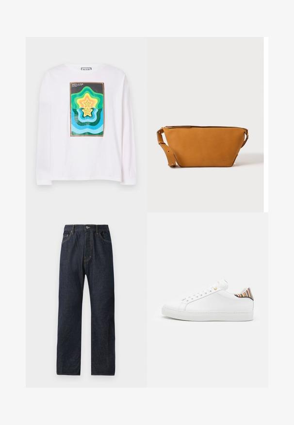 T-shirt à manches longues blanc avec un imprimé géométrique coloré comprenant des formes d'étoiles superposées en vert, jaune et bleu, encadrées par une bordure sombre.; Jean en denim bleu foncé avec une coupe droite, comportant cinq poches, des coutures discrètes et une fermeture à bouton au niveau de la taille.; Baskets en cuir blanc avec une finition lisse, présentant un accent rayé coloré au niveau du talon, des œillets dorés et une semelle blanche plate.; Sac bandoulière en cuir marron clair avec sangle réglable et fermeture éclair, présenté sur un fond clair uni.