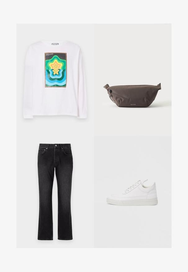 T-shirt à manches longues blanc avec un imprimé géométrique coloré comprenant des formes d'étoiles superposées en vert, jaune et bleu, encadrées par une bordure sombre.; Jean en denim noir avec une coupe droite, présentant une taille mi-haute, des poches avant et une fermeture à boutons classique.; Baskets en cuir blanc avec un embout arrondi, une semelle plate et un laçage à l'avant. Présentent des détails de couture et un col rembourré pour plus de confort.; Sac banane en tissu marron foncé avec poche zippée en diagonale et petit logo blanc sur le devant, sur un fond clair uni.