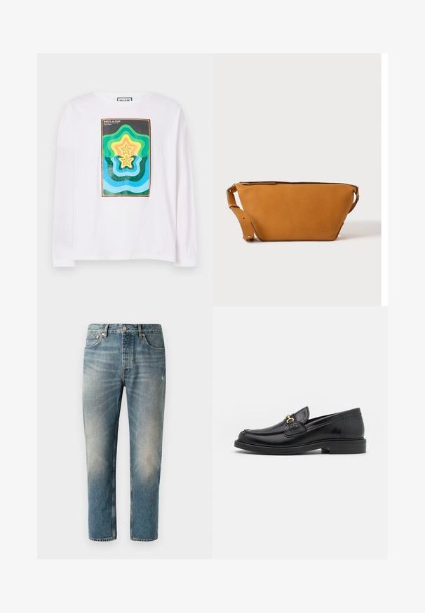 Witte lange mouwen t-shirt met een kleurrijke geometrische print met gelaagde stervormen in groen, geel en blauw, omrand door een donkere rand.; Lichtblauwe denim jeans met een rechte snit. Met een knoopsluiting, vijf zakken en subtiele vervagings en wassing op de dijen.; Zwarte leren instappers met een ronde neus, voorzien van een gouden hardware accent en stikdetails, geplaatst op een lage, getextureerde rubberen zool.; Lichtbruine leren crossbodytas met verstelbare band en ritssluiting, getoond tegen een effen lichte achtergrond.