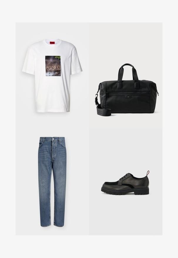 Weißes Baumwoll-T-Shirt mit einem rechteckigen Grafikdruck und dem Schriftzug "HUGO" auf einer strukturierten, dunklen Oberfläche, umgeben von Grünpflanzen.; Gerade geschnittene blaue Jeans aus Denim mit hoher Taille, Frontknopfverschluss und Fünf-Taschen-Design auf einem schlichten hellen Hintergrund.; Schwarzer Leder-Schnürschuh mit dicker, profillierter Sohle und rotem Fersenzuglasche, seitlich auf einem hellgrauen Hintergrund dargestellt.; Schwarze Duffel-Tasche aus strukturiertem Stoff, mit zwei Griffen, abnehmbarem Schultergurt und einer vorderen Reißverschlusstasche. BOSS-Branding sichtbar.