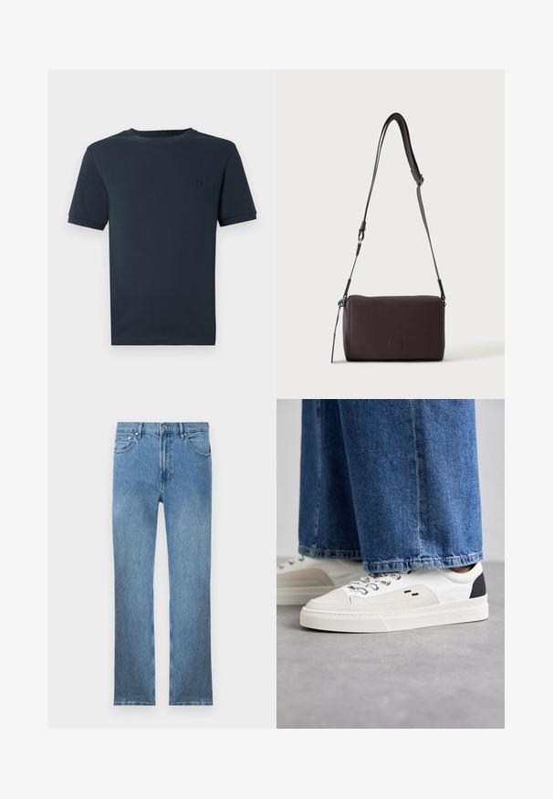Donkerblauwe katoenen t-shirt met korte mouwen, ronde hals en een klein, gestructureerd logo op de linkerborst. Gladde stofafwerking.; Lichtblauwe denim jeans met een rechte snit, vijf zakken, een ritsluiting en contrasterende stiksels. De stof heeft een gladde, gestructureerde afwerking.; Witte en zwarte sneakers met een glad leren bovenwerk, textuuraccenten en een chunky witte zool. Heeft een klassiek vetersluiting ontwerp.; Donkerbruine gestructureerde leren crossbodytas met verstelbare riem en klein decoratief blauw accent aan de zijkant.