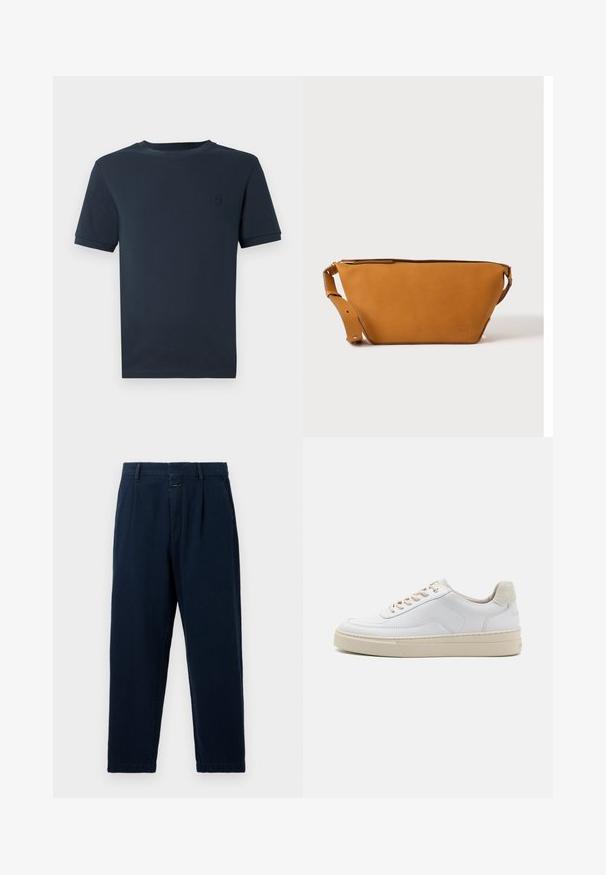 Mørkeblå bomulds t-shirt med korte ærmer, rund hals og et lille tekstureret logo på venstre brystområde. Glat stoffinish.; CLOSED BLOMBERG - Baggy jeans - dark blue; Hvide sneakers med en glat læderoverdel, beige snørebånd og en tekstureret beige ruskindsheel-tab. Hævet sål for ekstra højde.; Lys brun læder crossbody taske med justerbar rem og lynlås, vist mod en ensartet lys baggrund.