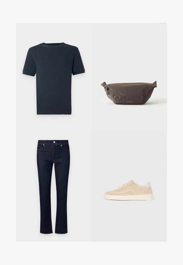 Mørkeblå bomulds t-shirt med korte ærmer, rund hals og et lille tekstureret logo på venstre brystområde. Glat stoffinish.; Denimjeans i en mørkeblå vask, lige ben-design, fem lommer og kontrastsyning. Har en frontlukning med knap.; Beige ruskinds sneakers med hvid sål og snørebånd, lavtop design og zigzag mønster på sålen.; Mørkebrun stof talje taske med diagonalt lynlåslomme og lille hvidt logo på fronten, sat mod en ensfarvet lys baggrund.