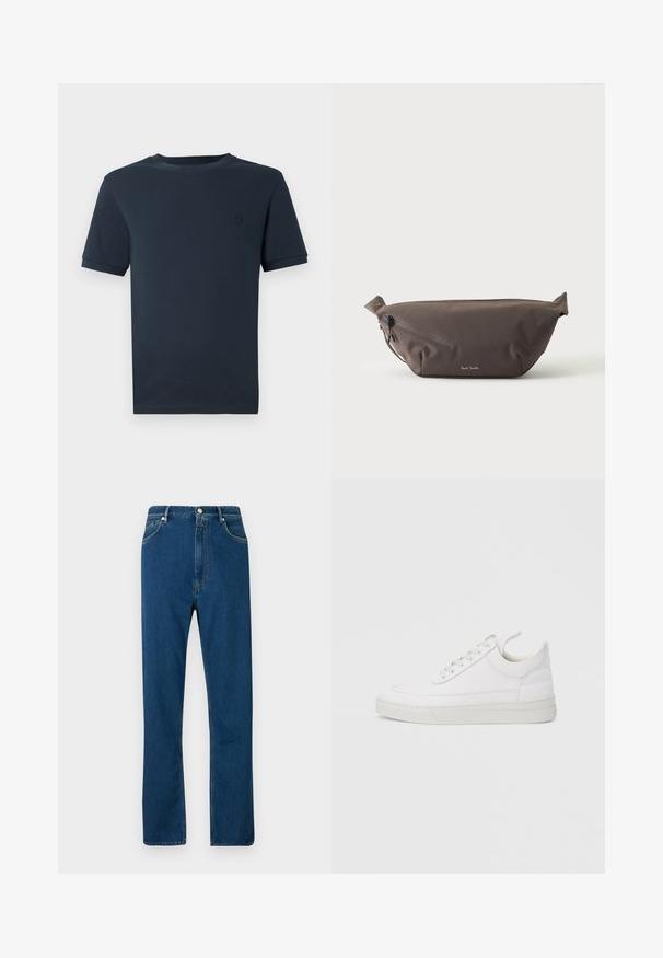 Mørkeblå bomulds t-shirt med korte ærmer, rund hals og et lille tekstureret logo på venstre brystområde. Glat stoffinish.; Blå denimjeans med høj talje, lige ben, fem lomme-design og kontrasterende orange syninger. Glat tekstur.; Hvid lædersneaker med rundet tå, flad sål og snørebånd foran. Har syningsdetaljer og polstret krave for komfort.; Mørkebrun stof talje taske med diagonalt lynlåslomme og lille hvidt logo på fronten, sat mod en ensfarvet lys baggrund.