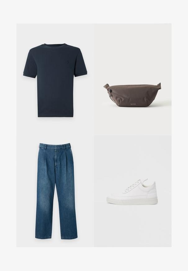 Dunkelblaue Baumwoll-T-Shirt mit kurzen Ärmeln, Rundhalsausschnitt und kleinem, strukturiertem Logo auf der linken Brustseite. Glatte Stoffoberfläche.; Blaue Jeanshose mit geradem Bein, hoher Taille, vorderen Falten und klassischem Knopfverschluss. Glatte Textur.; Weißer Ledersneaker mit abgerundetem Zehenbereich, flacher Sohle und Schnürverschluss. Verfügt über Nahtdetails und einen gepolsterten Kragen für zusätzlichen Komfort.; Dunkelbraune Stoff-Gürteltasche mit diagonalem Reißverschlussfach und kleinem weißen Logo vorne, vor einem einfarbigen hellen Hintergrund.