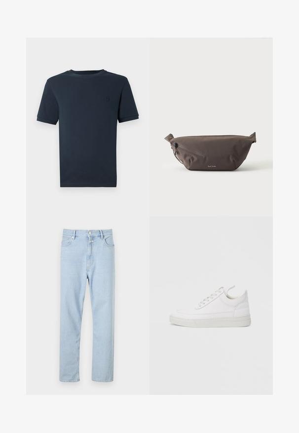 Mørkeblå bomulds t-shirt med korte ærmer, rund hals og et lille tekstureret logo på venstre brystområde. Glat stoffinish.; Lysblå, lige-fit jeans lavet af denim, med knap- og lynlåsåbning, fem lommer og subtilt slid på stoffet.; Hvid lædersneaker med rundet tå, flad sål og snørebånd foran. Har syningsdetaljer og polstret krave for komfort.; Mørkebrun stof talje taske med diagonalt lynlåslomme og lille hvidt logo på fronten, sat mod en ensfarvet lys baggrund.