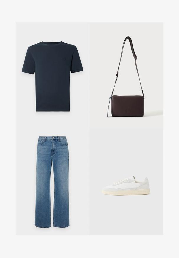 Donkerblauwe katoenen t-shirt met korte mouwen, ronde hals en een klein, gestructureerd logo op de linkerborst. Gladde stofafwerking.; Brede blauwe jeans van denim met een verouderde afwerking. Heeft vijf zakken, een sluiting met vooraan knoop en een rechte snit.; Witte sneaker met een bovenwerk van gestructureerd suède en leer. Voorzien van een afgeronde neus, vetersluiting en een contrasterende beige rubberen zool.; Donkerbruine gestructureerde leren crossbodytas met verstelbare riem en klein decoratief blauw accent aan de zijkant.